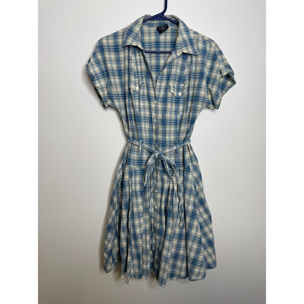Faded Glory Shirt Dress Womens S Blue Plaid Excellent Cotton Tie Waist Casual